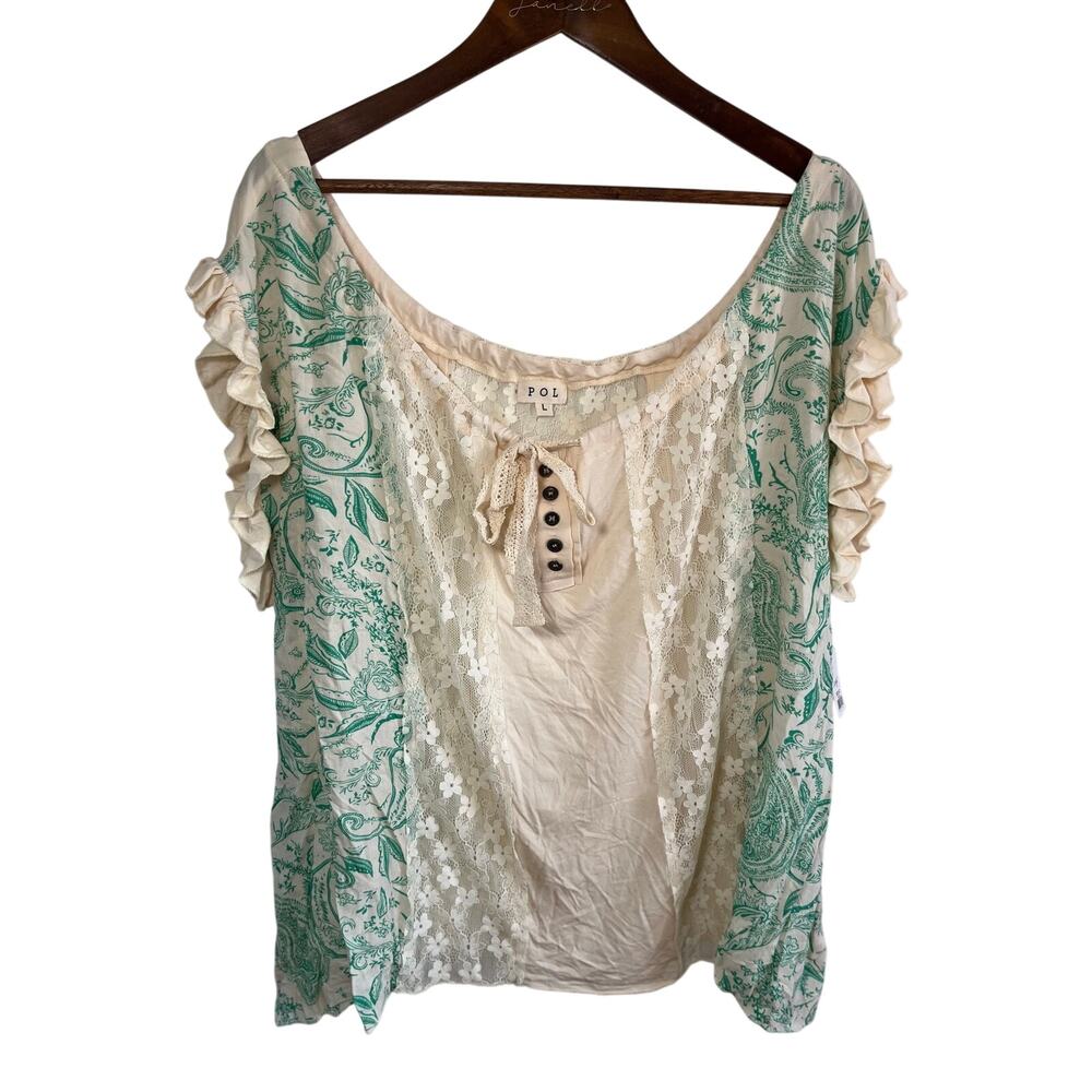 POL Floral Patchwork Lace Sage Green Boho Tunic Cottage Fairy Flutter Sleeve NWT